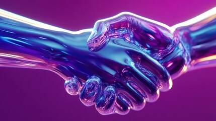 Futuristic metallic hands shaking in vibrant hues