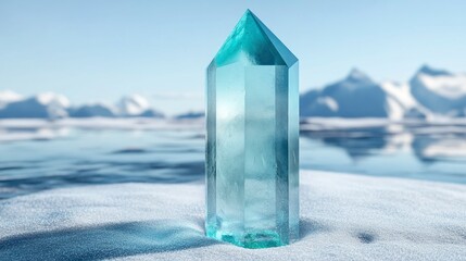 A light blue crystal stands on snowy terrain
