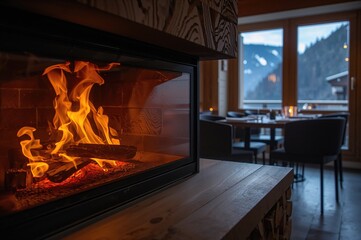 Charming scene of a warm fire glowing in a snug restaurant hearth during a winter evening in the mountains.