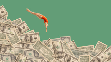 Surreal collage. Female diver in red swimsuit diving into pile of dollar bills. Concept of financial risk, profit plunge, speculative markets, bold investments, and emotional leap into wealth.
