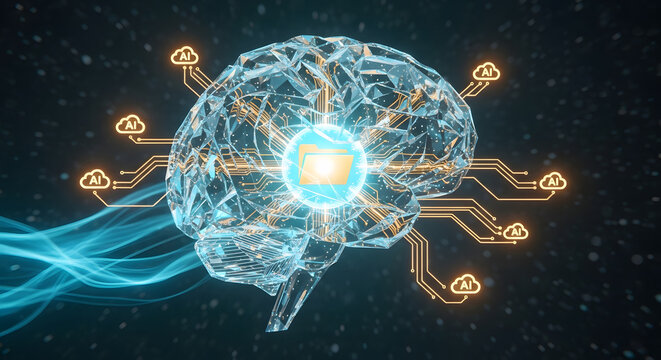 Futuristic Holographic AI Brain with Digital Folder, Data Circuits, Cloud Storage, Cybersecurity, DNA Integration, and Sci-Fi Neural Networks Concept Art