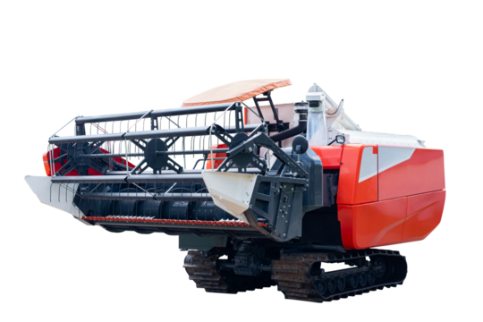 Modern agricultural combine harvester machine isolated on transparent background, designed for efficient crop harvesting, symbolizing farming technology, agriculture industry and innovation.