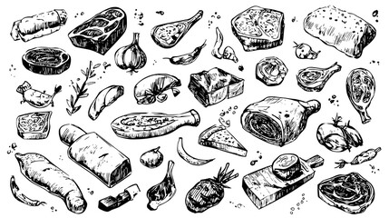 Hand-drawn illustration of various meats, vegetables, and herbs on a transparent background.