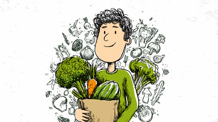 Illustration of a person holding a bag of fresh vegetables, including lettuce, carrots, and cucumbers, with a cheerful expression.
