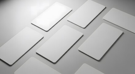 Clean and professional arrangement of multiple blank white rectangular cards scattered across a neutral grey surface, ideal for custom branding mockups, identity presentations, or design templates