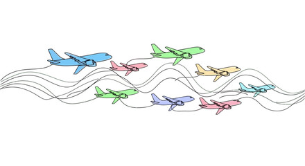 Naklejka premium Colorful airplanes fly in formation leaving wavy trails across a white background.