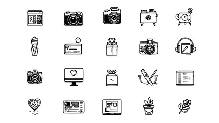 Set of 24 black line icons on a pink background, including cameras, laptops, plants, and various objects, suitable for digital and print design.