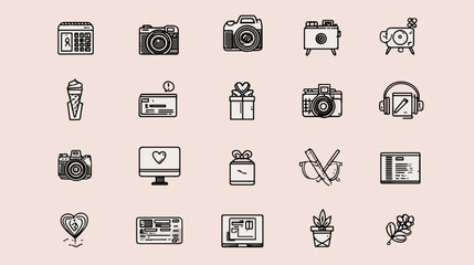 Set of 24 black line icons on a pink background, including cameras, laptops, plants, and various objects, suitable for digital and print design.