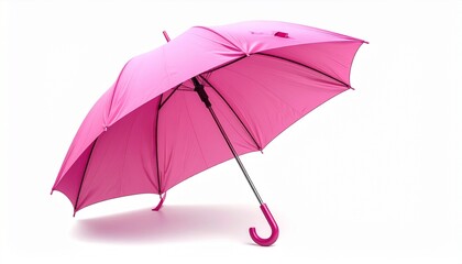 "Open pink umbrella with curved wooden handle, displayed against a white background—showcasing vibrant color, classic structure, and cheerful elegance."