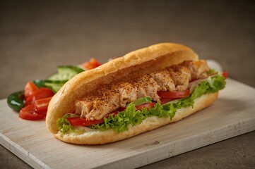 Tasty chicken doner kebab sandwich accompanied by fresh raw veggies on a dining surface
