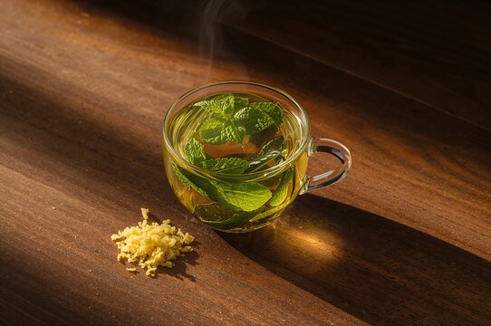 Herbal tea served with fresh mint leaves on a rustic wooden surface
