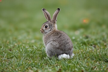 Fototapeta premium Adorable gray rabbit resting on lush green lawn with its back turned