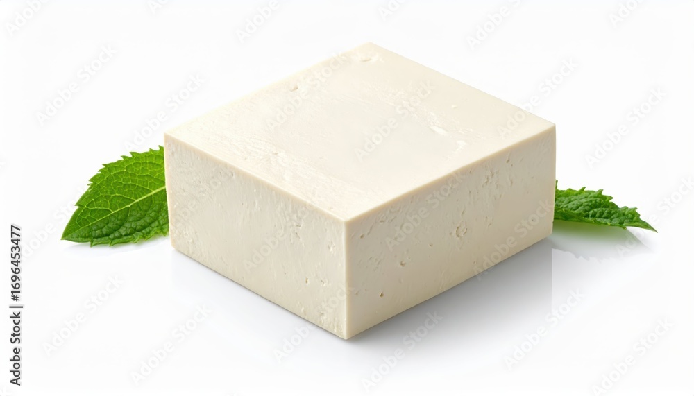 Poster fresh block of tofu on green leaves for culinary use and presentation