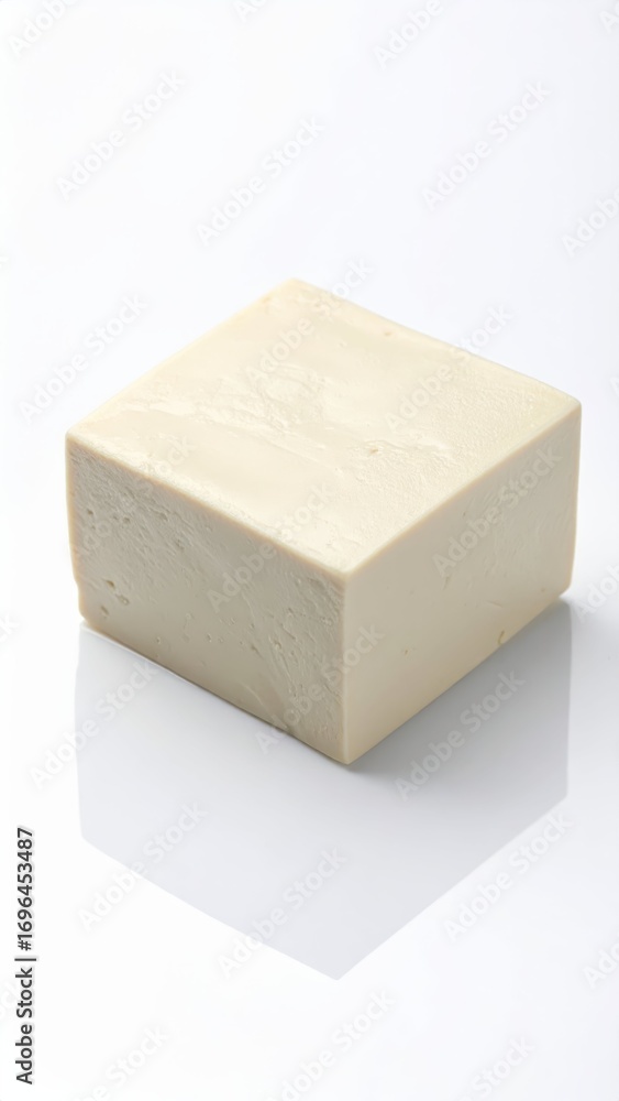 Poster fresh block of tofu on white background for culinary use and recipes