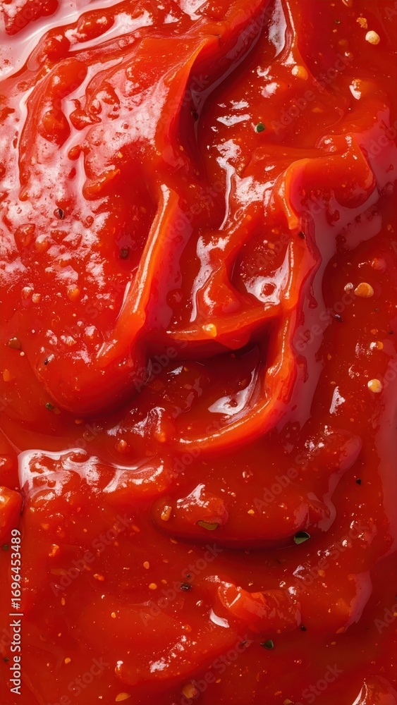 Poster close-up view of smooth red tomato sauce with glossy texture