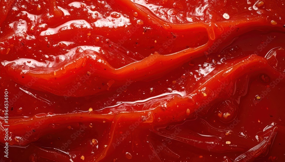 Poster rich red condiment sauce with glossy texture and spices visible