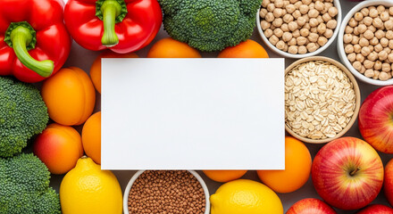 Flatlay image showcasing assorted fruits, vegetables, and grains surrounding a blank white card, ideal for healthy eating or recipe mockups, promoting nutritious food choices
