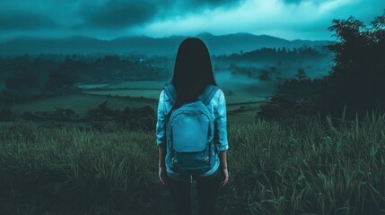 Fototapeta premium Woman with backpack in green valley landscape at dusk