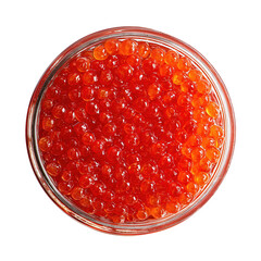 Glass jar brimming with vibrant red caviar on transparent background