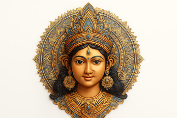 Obraz premium A beautiful goddess durga devi idol face in a medallion-like circular frame with intricate golden and blue patterns on a plain white background