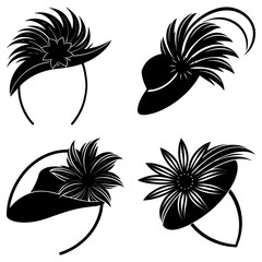 A set of four black and white illustrations of fancy hats with feathers and flower decorations on headbands