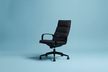 Ergonomic desk chair set against a pale blue backdrop with room for writing