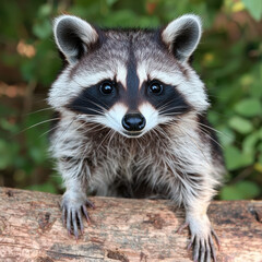 Curious raccoon exploring fallen log, showcasing its playful nature and vibrant fur