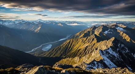 Golden Light on Jagged Ridges Above a Shadowed Valley and Distant Snowy Peaks