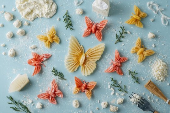 Vibrant butterfly-shaped pasta on a chic blue surface sprinkled with flour - classic Mediterranean meal staples