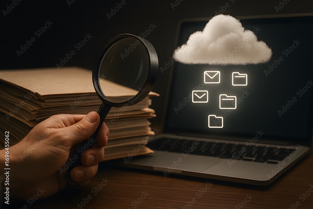 Poster cloud computing and data analysis concept with magnifying glass.