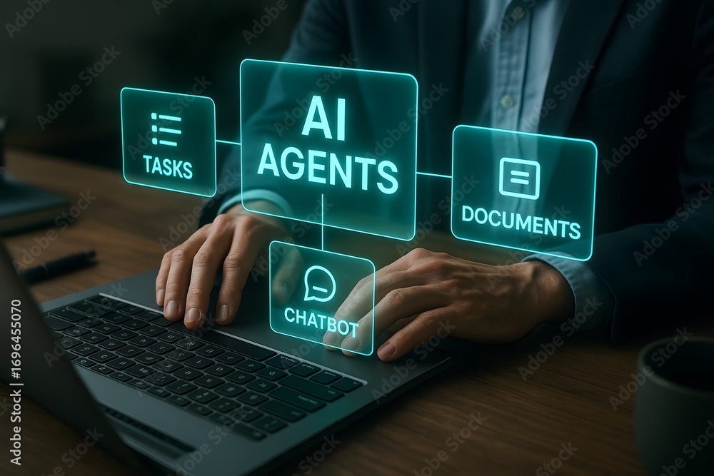 Poster ai agents working on a laptop with digital interfaces.