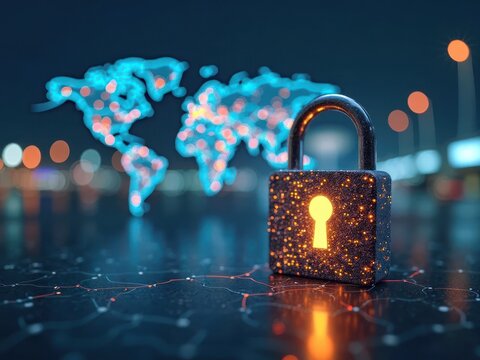 A glowing padlock symbolizes digital security against a blurred world map backdrop at night