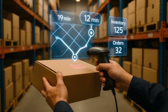 Smart Warehouse Efficiency: A person is scanning the package with the future tech holographic data.