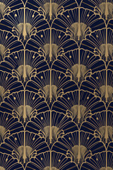 Elegant Art Deco wallpaper featuring symmetrical fans and arch motifs in shimmering gold accents with a dark background and a luxurious design, abstract design pattern stock illustration image