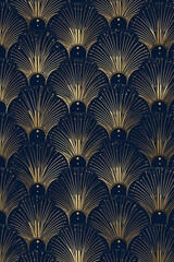 Elegant Art Deco wallpaper featuring symmetrical fans and arch motifs in shimmering gold accents with a dark background and a luxurious design, abstract design pattern stock illustration image
