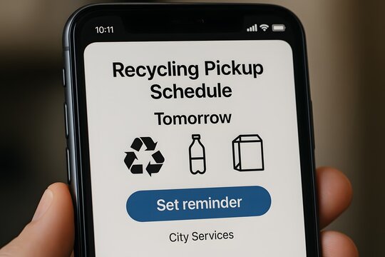 A phone screen displaying recycling pickup schedule information, symbolizing environmental awareness. 