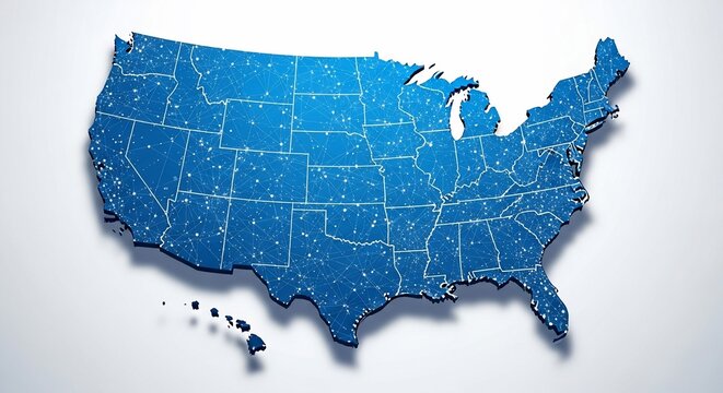 A blue digital map of the united states with connected dots and lines on a white background surface