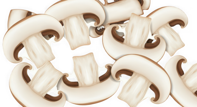 Close-up view of sliced white button mushrooms revealing gills and texture for culinary use and food photography backgrounds transparent background - Powered by Adobe