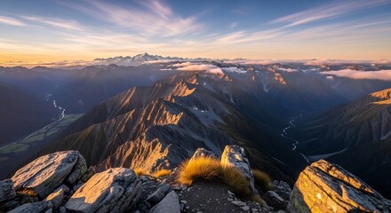 Majestic Mountain Ridge Bathed in Golden Sunrise Light with Wispy Clouds
