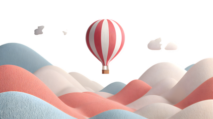 Hot air balloon over rolling hills 3d style, isolated on transparent background
