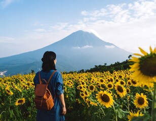 Fototapeta premium Woman gazing at a volcano through a sunflower field