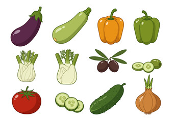 An arrangement of various vegetables including eggplant zucchini peppers fennel olives cucumber tomato and onion