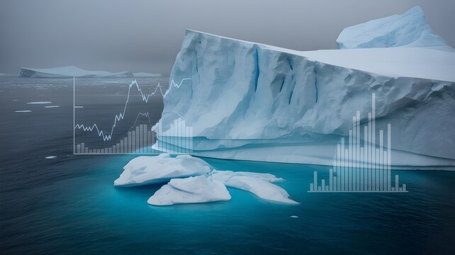 Dramatic icebergs floating in the ocean with overlaid charts illustrating climate change data