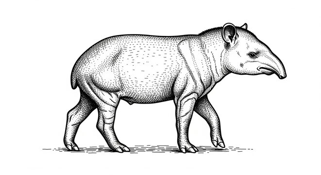 Detailed black and white illustration of a tapir walking, wild animal drawing, isolated transparent background.