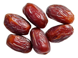 Six medjool dates forming a crescent shape on transparent background