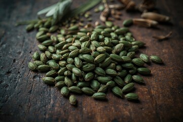 Close-up of dried green mung beans on rustic wooden surface