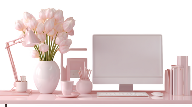 Pastel Pink Desk Setup 3d rendered, isolated on transparent background