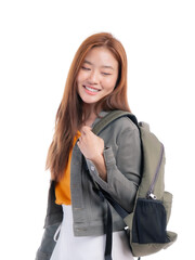 Smiling Asian female student with backpack standing isolated on a transparent background, young university or high school girl in casual outfit ready for school or campus life with cheerful expression
