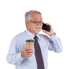 Senior Asian businessman smiling while holding smartphone and laptop, wearing blue shirt and tie, confident and professional appearance, isolated on a transparent background, business lifestyle