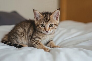 Adorable Striped Kitten Having Fun on a Mattress